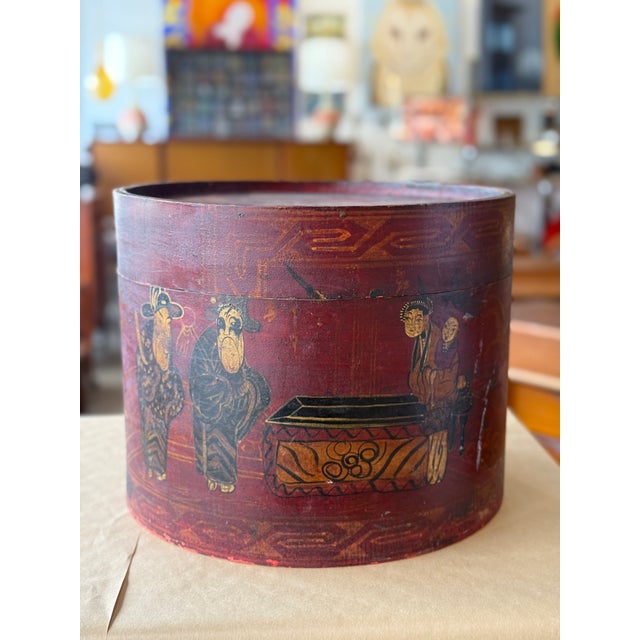 A Chinese wooden hat box - handmade, with a chinoiserie image. A complimentary decor to any shelf and great storage box,...