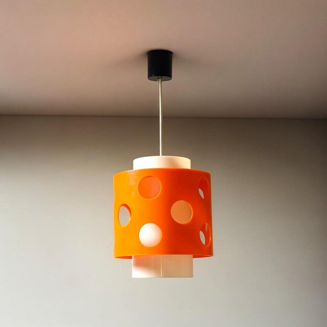 Plastic Space Age Hanging Lamp with Orange and White Lampshade, 1970s For Sale - Image 7 of 11
