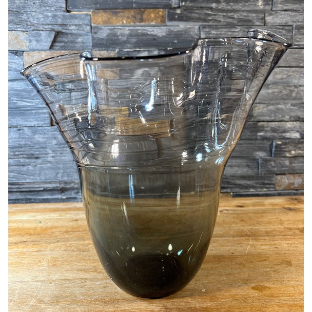 Casamotion Smokey Gray Art Glass Vase With Swirl Design and Ruffled Lip For Sale - Image 10 of 12