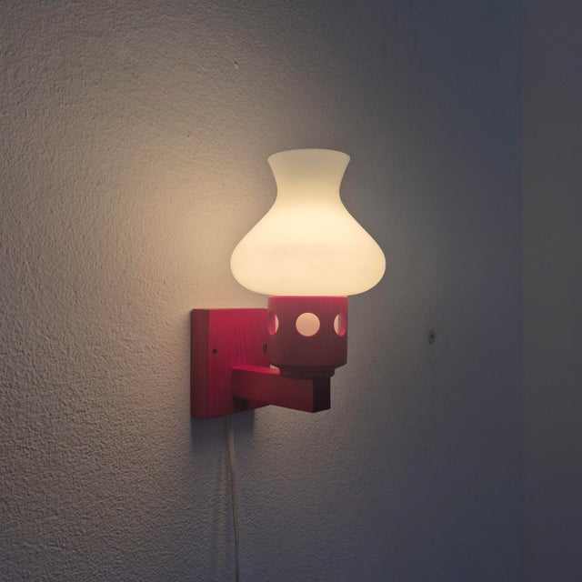 Red Vintage Wall Lamps in Wood and Opaline Glass from Vitrika, Denmark, 1960s, Set of 2 For Sale - Image 8 of 10