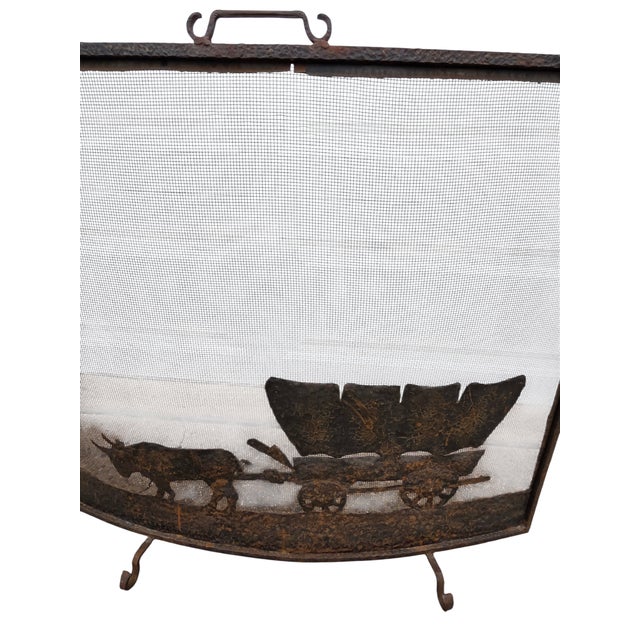 1960s Antique Rustic Wrought Iron Fireplace Screen Silhouette Covered Wagon Ox Western For Sale - Image 5 of 18