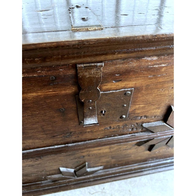 Spanish Revival Late 19th Century Monumental 77" Antique Spanish Mudéjar-Style Coffer — Hand-Forged Iron, Applied Star Motifs For Sale - Image 3 of 8