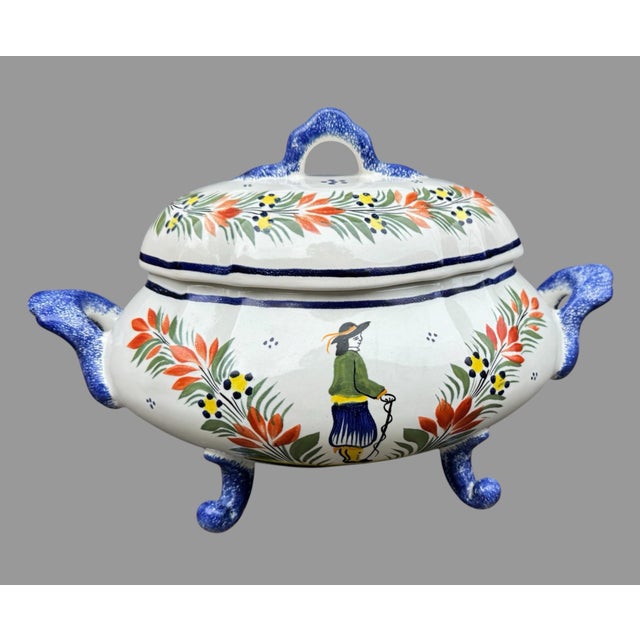 Vintage Quimper French Faience Floral Decorated Covered Tureen Serving Dish For Sale - Image 9 of 12
