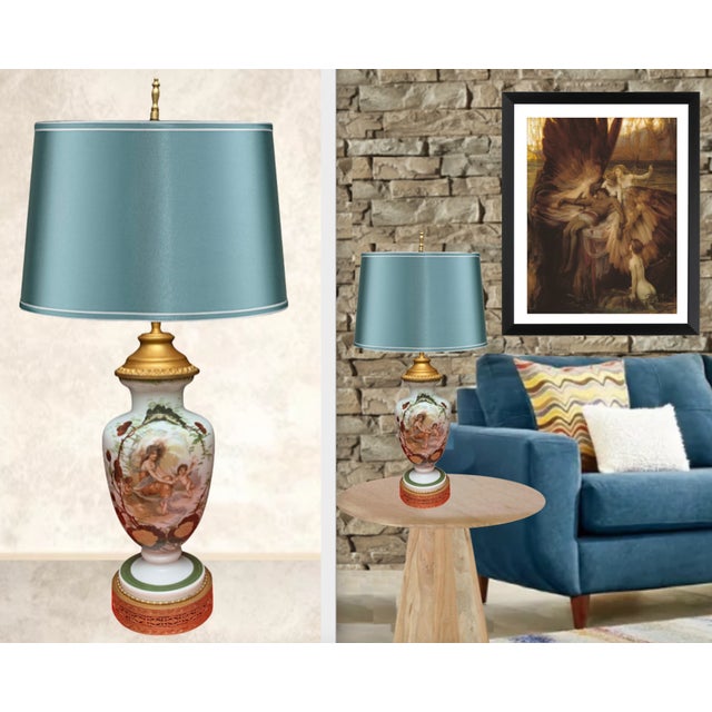 Antique Charles A. Starr Milk Glass Table Lamp: Maiden With Cherubs For Sale In New York - Image 6 of 12