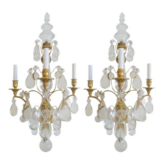 Large Three-Arm Gilt Bronze and Crystal Sconces - A Pair For Sale