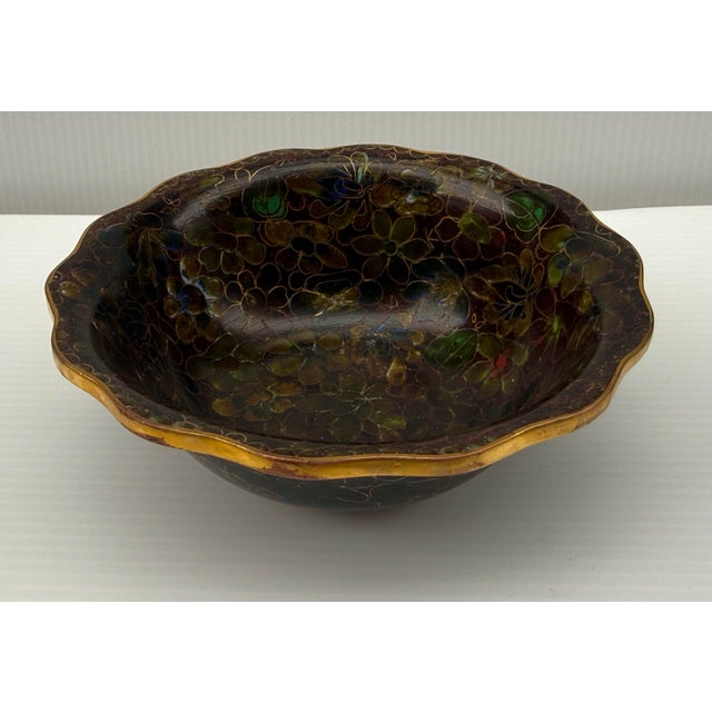 Japanese Cloisonné Enamel Bowl, Showa Period, Hand-Wired Floral Interior 5” Diameter For Sale - Image 10 of 11