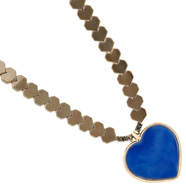 Murano Glass Blue Heart Pendant Gold Hematite Happy Necklace For Sale In Miami - Image 6 of 10
