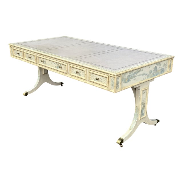 Faux Bamboo Blue and Creme Toile De Joy Chinoiserie Large Leather Top Executive Desk For Sale