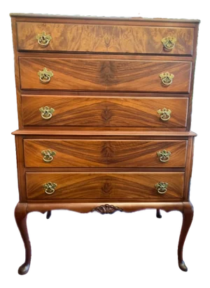 1930s Walnut Highboy Chest on Chest 5 Drawers