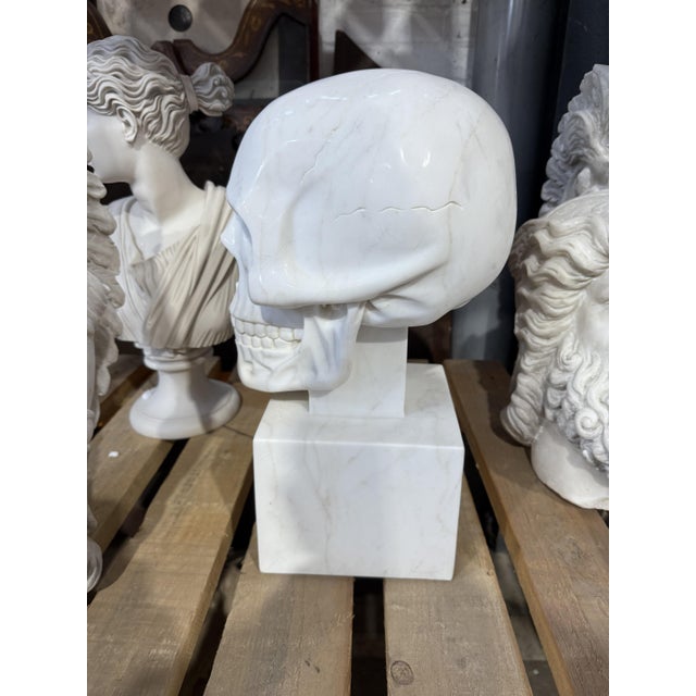 Hand-Carved Skull Sculpture on Square Plinth, White Marble For Sale - Image 3 of 7