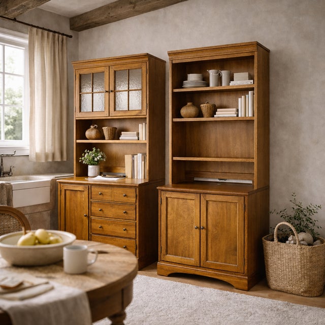 1990s Pair of Cottage Style Oak Hutch Cabinets With Glass Doors For Sale - Image 18 of 18