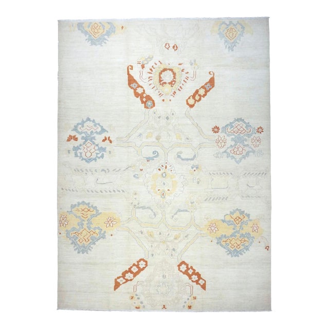 21st Century Turkish Oushak Wool 10x14 Ivory, Orange & Slate Blue Handmade Area Rug #1144178 For Sale