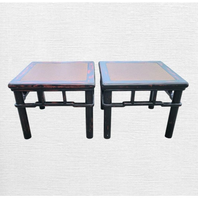 1980s Vintage Distressed Black Red Accented Square Wicker Top Asian Style Ming Foot Stool Ottomans- A Pair For Sale - Image 5 of 7