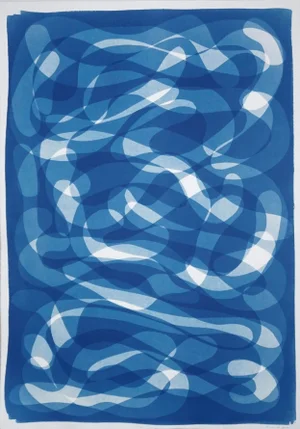 "Blue Knots and Hoops" Contemporary Mid-Century Style Shapes Blue and White Cyanotype