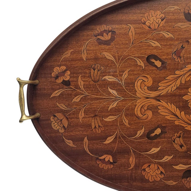 Monumental English Butler's Gallery Tray Edwardian Ornate Inlay Mahogany 27" For Sale - Image 11 of 14