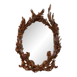 Black Forest 19th Century Antique Large Carved Mirror With Birds, Fruit, Flowers, Branches and Leaves For Sale