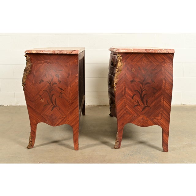 Paul Sormani Style Antique French Provincial Louis XV Kingwood Inlaid Marquetry Marble Top Commodes With Mounted Ormolu | Pair For Sale - Image 13 of 15