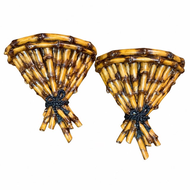 1980s Hollywood Regency Style Composition Faux Bamboo Wall Brackets - Pair For Sale - Image 5 of 5