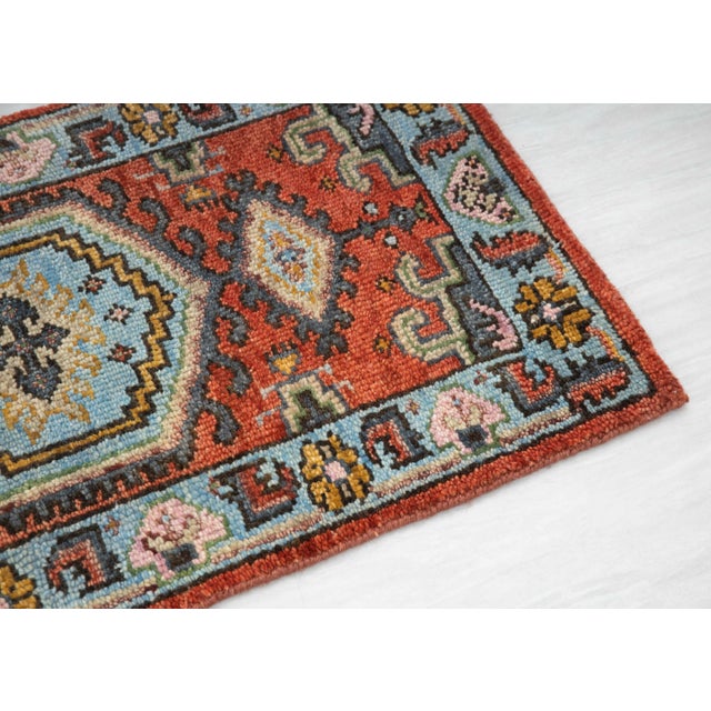 Persian 2.6x6Ft. Brunt Orange Light Blue Persian Design Inspired Hand Knotted Wool Runner Rug For Sale - Image 3 of 5
