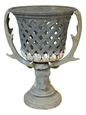 Monumental J.W. Fiske–Attributed Polychromed Lead Stag-Head Reticulated Urn