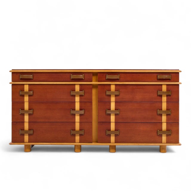 Paul Frankl for Johnson Furniture Mid Century Leather, Birch and Maple Station Wagon Dresser This lowboy measures: 66 wide...