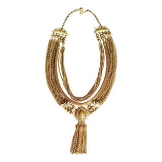 Vintage 1970s Gold Tone Multi-Strand Tassel Bib Necklace, Etruscan Revival Style For Sale