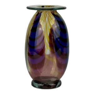 Vintage Signed Hand Blown Clear Art Glass Vase 1977 in Blue & Yellow