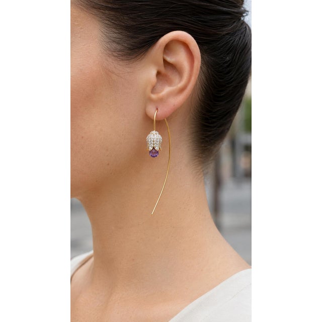 Silver, Gold Lily Flower Earrings With Amethyst Briolettes, Pair For Sale - Image 9 of 9