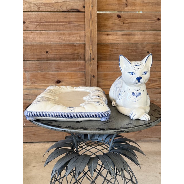 Vintage Chinoiserie Italian Blue and White Ceramic Cat on Cushion Sculpture For Sale - Image 4 of 12