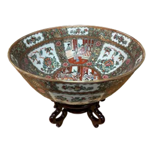 Large Rose Medallion Punch Bowl and Stand, Signed, 20th Century