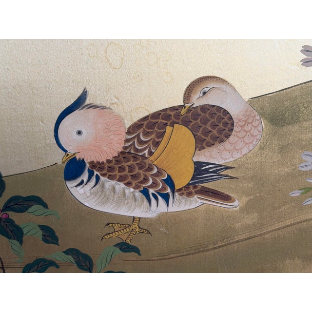 Japanese Hand-Painted Japanese Four Panel Byōbu Folding Screen With Mandarin Ducks, Signed and Sealed, Mid-20th Century For Sale - Image 3 of 12