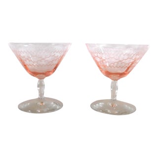 Pair of 1960s Pink Etched Wine Glasses For Sale