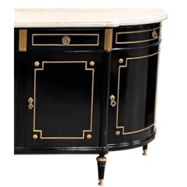 Stone Louis XVI Style Ebonized Enfilade Buffet With Carrara Marble Top Bronze Mounts For Sale - Image 7 of 12