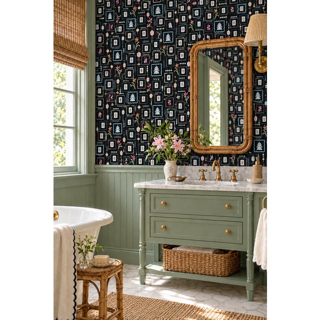 Chinoiserie Mahjong Tile Grasscloth Wallpaper by House Party | Blank Black | 8 Yards For Sale - Image 3 of 10