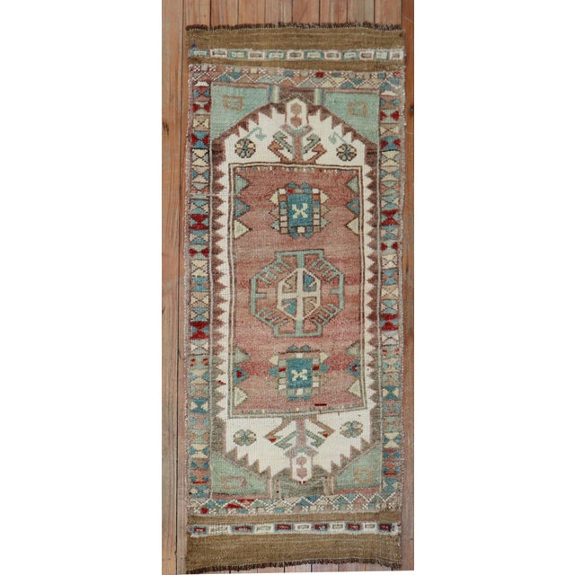 mid century Turkish Anatolian rug with accents in pistachio Details rug no. y1888 size 1' 6" x 3' 7" (46 x 109 cm)