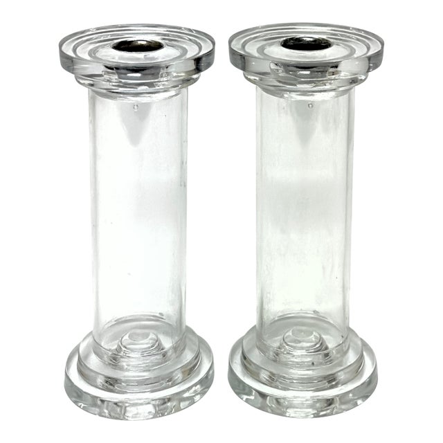 1980s Adaptable Clear Acrylic Candle Holders - A Pair For Sale