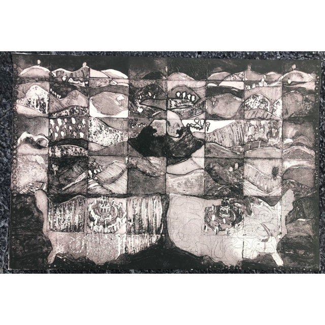 Etching and aquatint of a map of the US with landscape similar to Jasper Johns by Atlanta artist Adrienne Anderson...