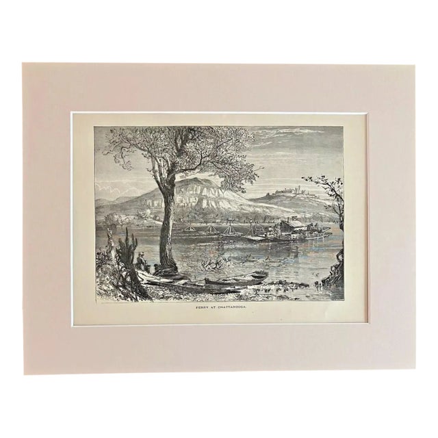 Antique 1874 Wood Engraving "Ferry at Chattanooga" Tennessee in 11x14 Mat For Sale