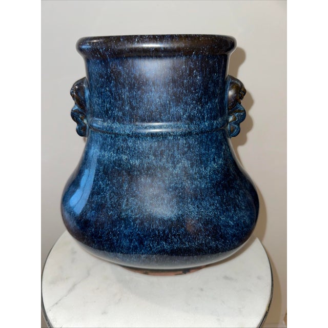 Chinoiserie Pair Chinoiserie Blue Black Glazed Vases Sculptural Decor For Sale - Image 3 of 12
