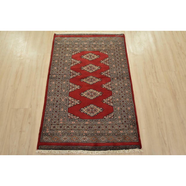 Tribal Bokhara Jaldar Rug 3’1” X 4’8” Red Wool Tribal Hand-Knotted Oriental Carpet For Sale - Image 3 of 11