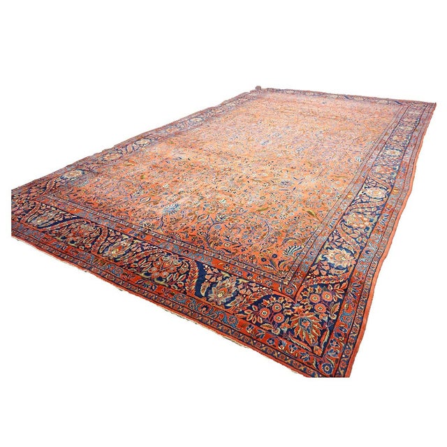 Antique Persian Manchester Kashan Wool 10X17 Salmon, Rust & Navy Handmade Area Rug #1141003 For Sale - Image 4 of 12