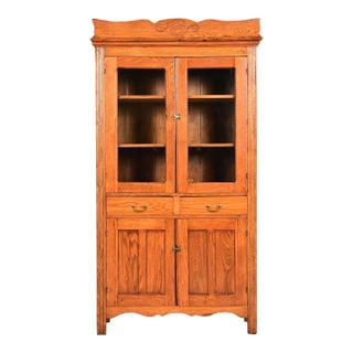 Antique Victorian Carved Oak Glass Front Bookcase or Dining Cabinet, Circa 1900 For Sale