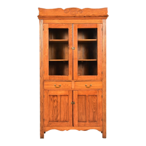 Antique Victorian Carved Oak Glass Front Bookcase or Dining Cabinet, Circa 1900