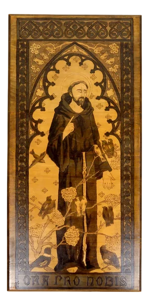 Art Nouveau Pyrography Panel with Religious Theme of St. Francis Speaking to the Birds, Early 20th Century