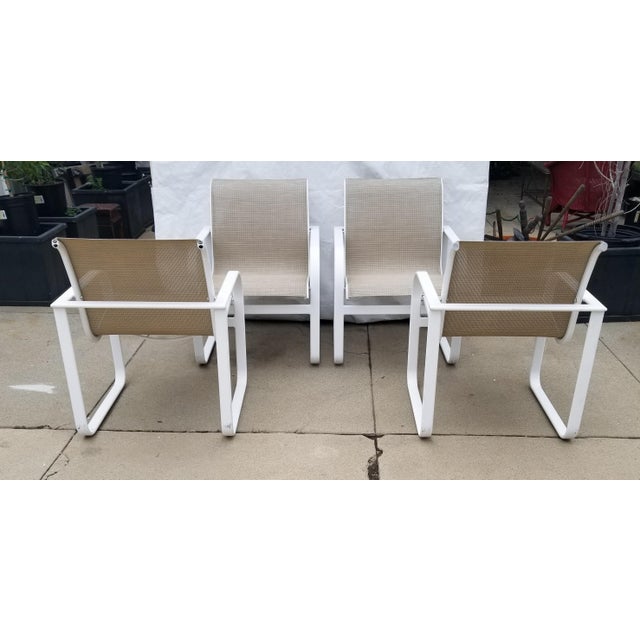 1980's Brown Jordan Quantum Arm Dining Chairs W/ Beige Mesh Set of 4