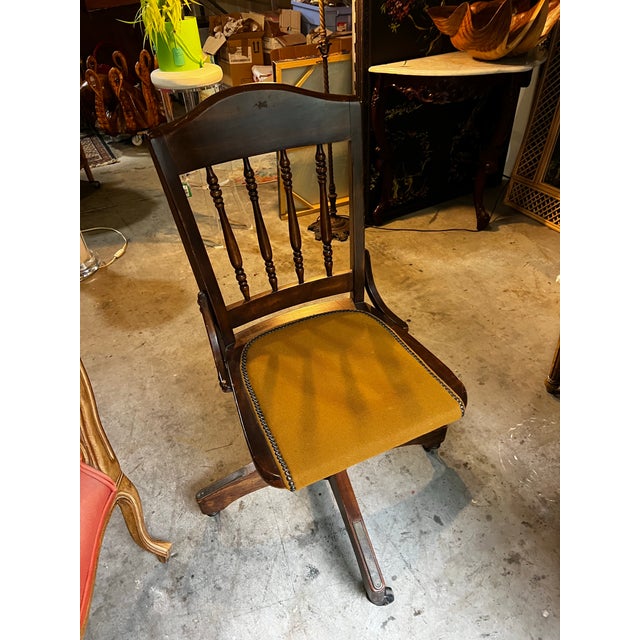 Antique Bankers Chair With Nail Head Trim and Wheels For Sale - Image 4 of 5