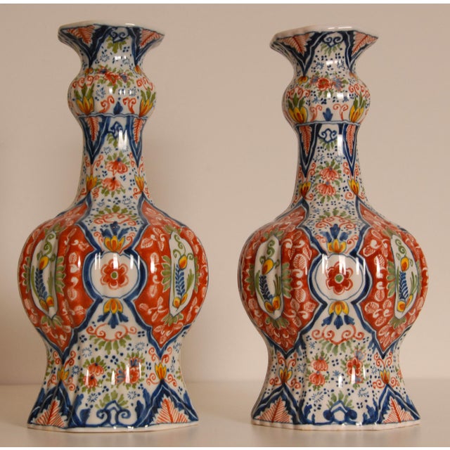 1940s Delft Vases Polychrome Knob Vases Vintage Delftware Ceramic a Pair For Sale - Image 5 of 13