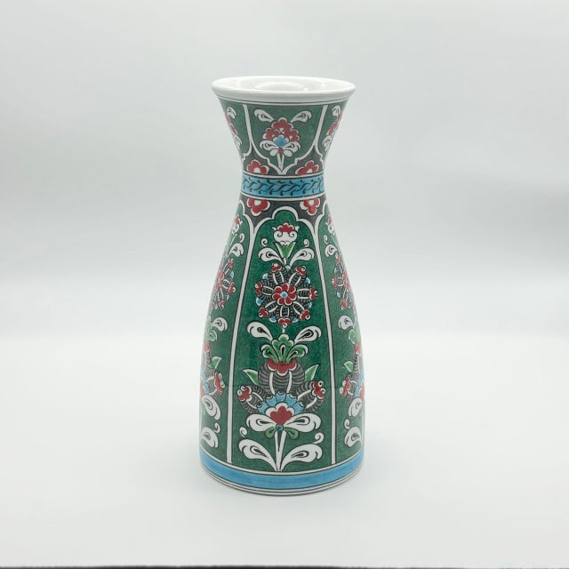 Handmade Ceramic Conical Vase (25cm) – Emerald Green Vertical Panels – Flared Rim Iznik Decor For Sale - Image 6 of 7