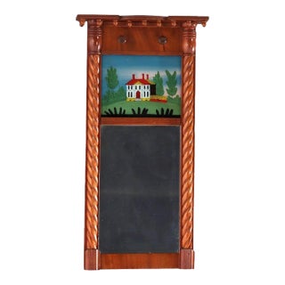 Antique Federal Mahogany Mirror With Eglomise Panel C1820 For Sale