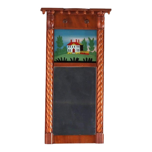 Antique Federal Mahogany Mirror With Eglomise Panel C1820 For Sale